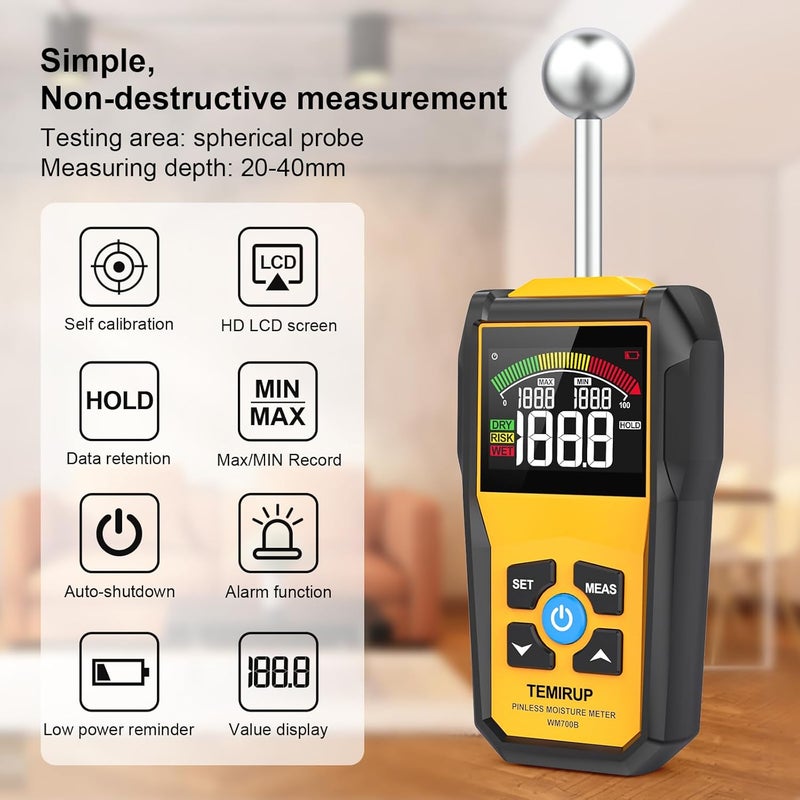 Temirup Store Moisture Meter, Pinless Moisture Meter –Wood Moisture Detector for Walls, Drywall, Firewood & Concrete, Digital Moisture Tester with 3-Color LCD Display Reader, Audible Alarm & Hold Function - Image 2